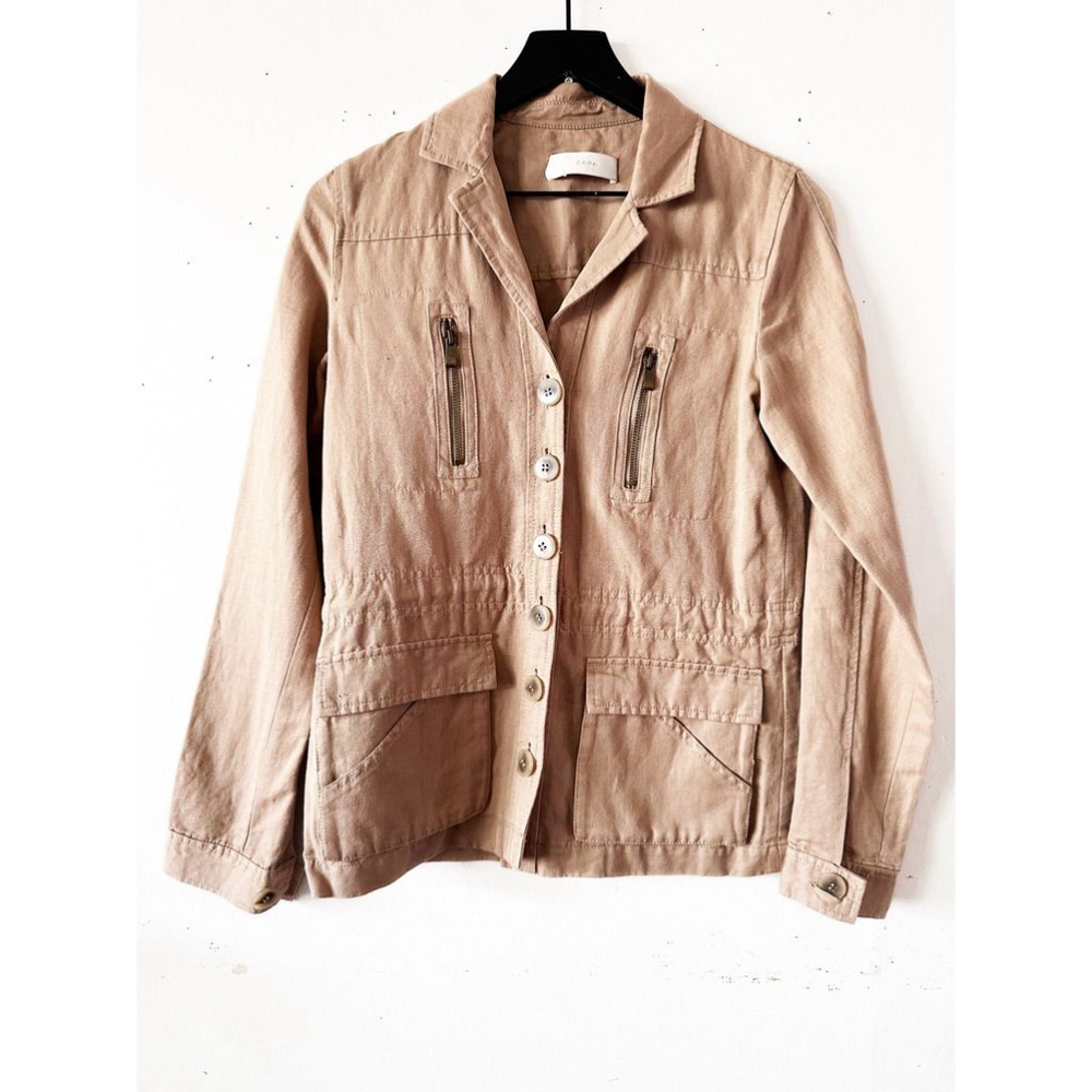 Zara Tan Linen Blend Utility Jacket Women's